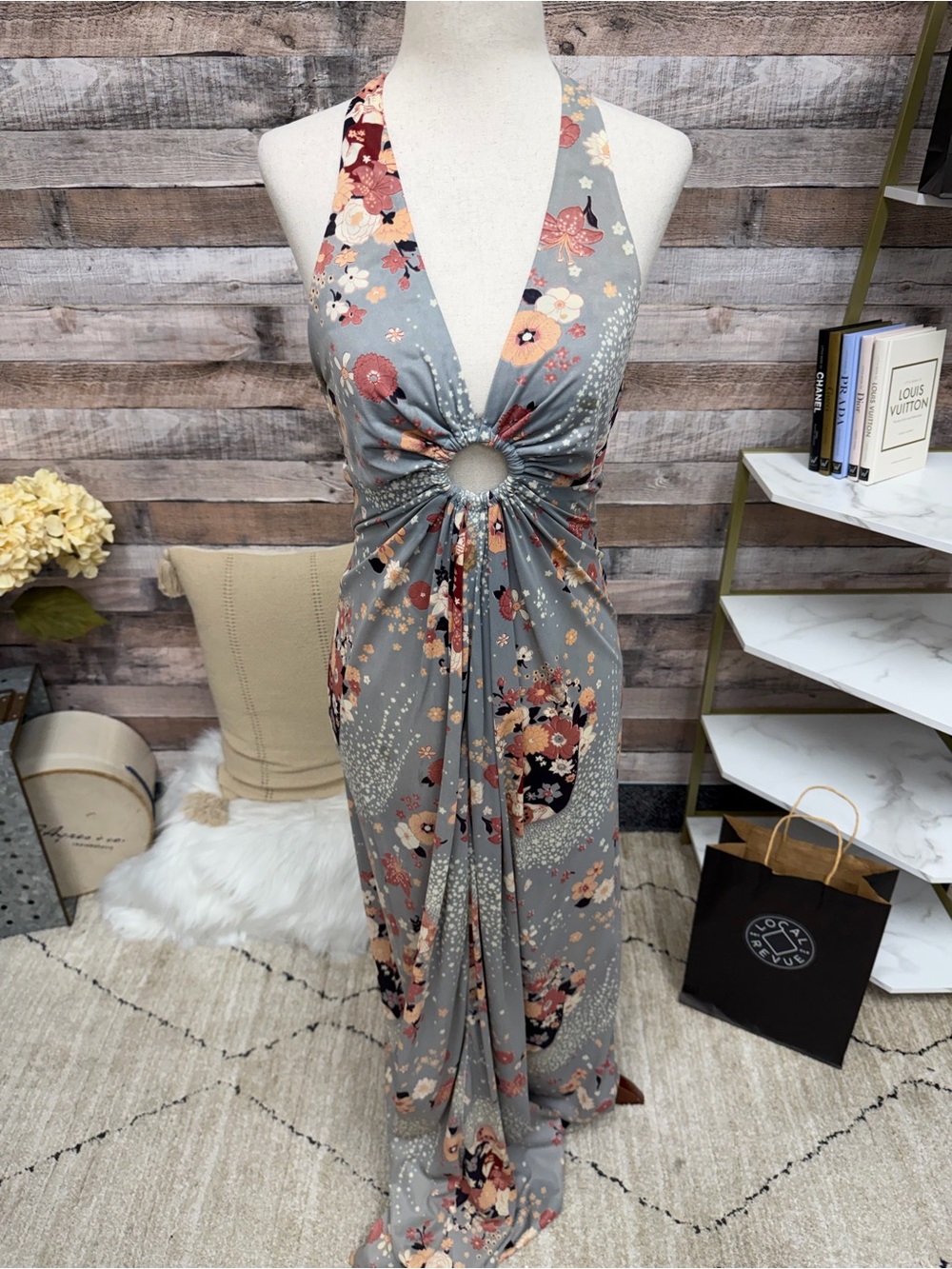Corky Craig California Vintage Slate & Floral Print Halter Maxi